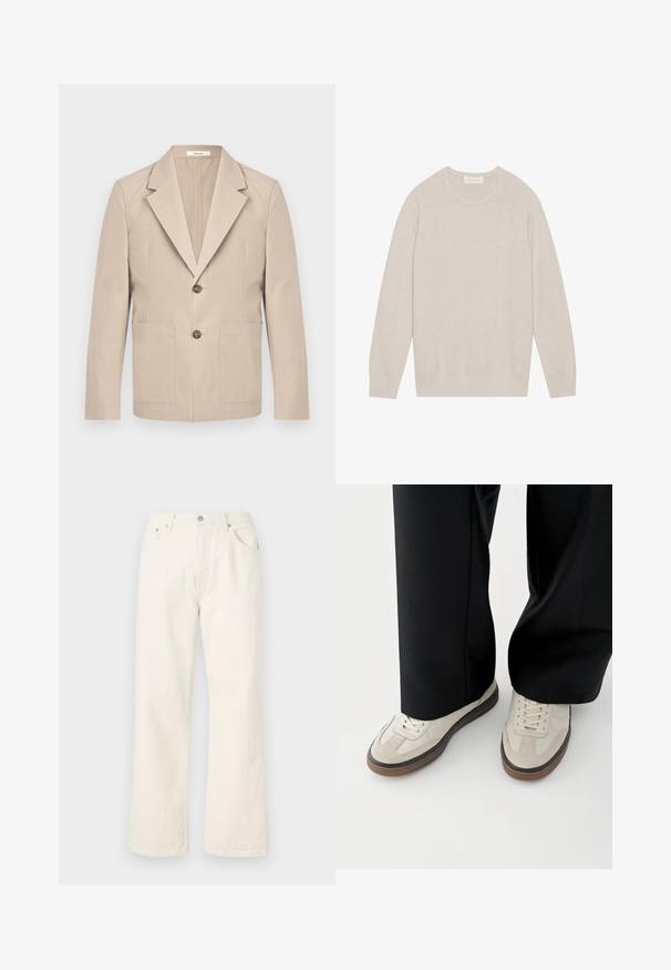 Blazer beige en coton, avec revers cranté, deux poches avant et une fermeture à un bouton. Tissu lisse et structuré.; Pull en beige clair, texture tricotée, poignets et ourlet côtelés, col rond classique, manches raglan, design uni sans motifs.; Jeans larges de couleur crème en denim, avec un design à cinq poches standard et une fermeture à bouton en métal à la taille.; Pieds portant des baskets beige avec des semelles marron et un pantalon noir à jambes larges sur fond blanc.