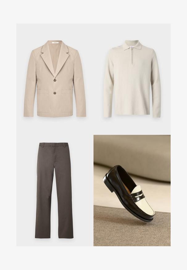 Beige blazer lavet af bomuld, med en nedskåret revers, to frontlommer og en enkelt knaplukning. Glat, struktureret stof.; Cremefarvet langærmet polo skjorte med lynlås i kraven, lavet af blødt, struktureret stof, med en klassisk pasform og minimalistisk design.; Brune bomuldsbukser med et design i lige ben, der har bæltestropper og en glat tekstur. Ingen synlige mønstre eller hardware-detaljer.; Sort læderloafer med en cremefarvet vamp og sorte accentstriber, som har en lav hæl og detaljeret syning langs kanterne.
