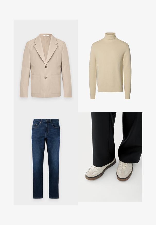 Beige blazer lavet af bomuld, med en nedskåret revers, to frontlommer og en enkelt knaplukning. Glat, struktureret stof.; Beige strikket rullekravesweater med lange ærmer og ribstrikkede manchetter og kant, vist på en ensfarvet hvid baggrund.; Mørkeblå denim jeans med lige ben design, der har fem lommer, syede detaljer og en klassisk knaplukning.; Fødder iført beige sneakers med brune såler og sorte bukser med vide ben på hvid baggrund.