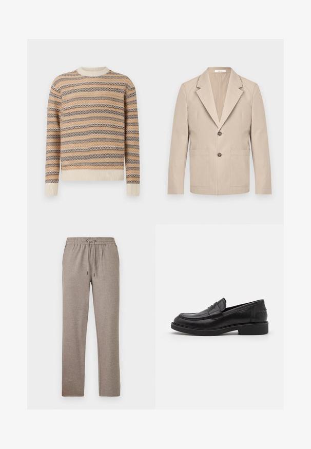 Beige Blazer aus Baumwolle mit Reverskragen, zwei Fronttaschen und einem einzigen Knopfverschluss. Glatter, strukturierter Stoff.; Gestrickter Pullover in Beige, Braun und Creme mit Zickzackstreifenmuster. Verfügt über einen Rundhalsausschnitt sowie gerippte Bündchen und Saum.; Graue Jogginghosen aus weichem Stoff, mit einem elastischen Taillenbund und einem verstellbaren Kordelzug sowie einem geraden Beinanschnitt.; Schwarze Lederloafer mit abgerundetem Zeh, farblich abgestimmtem Nähen und einem Riemendetail an der Vorderseite. Gummi-Sohle mit niedrigem Absatz.