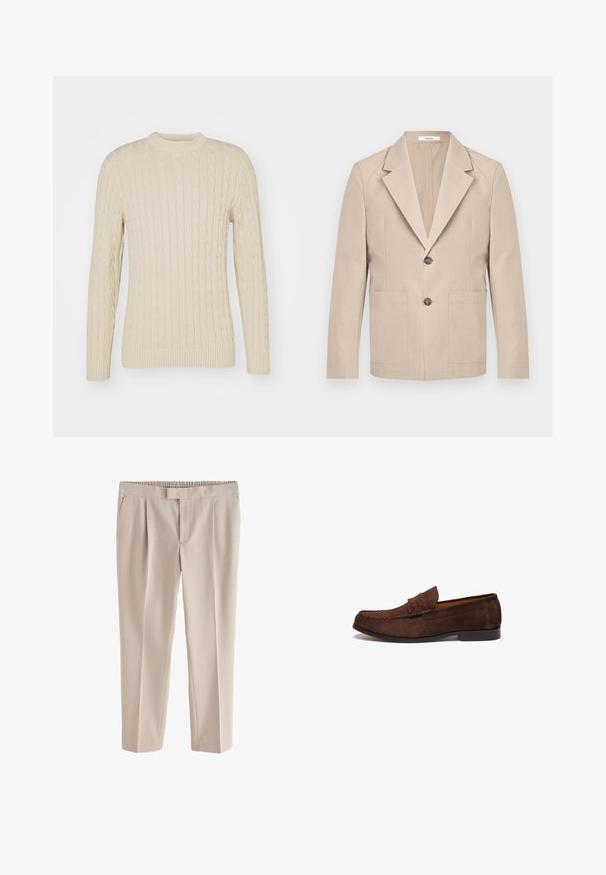 Blazer beige de algodón, con solapas en picos, dos bolsillos frontales y cierre de un solo botón. Tela suave y estructurada.; Suéter de punto de cable en color crema claro. Presenta cuello redondo, mangas largas, puños y dobladillo acanalados, con un patrón de superficie texturizado.; Pantalones beige de pierna recta con cinturilla elástica y plisados delanteros, diseñados para un ajuste cómodo.; Mocasines de ante marrón con detalles de costura, suela plana y cuello elevado. Textura suave y diseño minimalista.