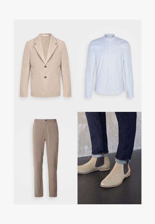 Beige blazer lavet af bomuld, med en nedskåret revers, to frontlommer og en enkelt knaplukning. Glat, struktureret stof.; Lyseblå langærmet skjorte med mandarin-krave, fremhævet af knaplukning og blødt, tekstureret stof. Skræddersyet pasform med rund kant.; Beige skræddersyede bukser med lige pasform, 5-lommestil, frontknaplukning og en glat tekstur.; Lyse beige ruskind Chelsea-støvler med mørke elastiske sidepaneler, båret med mørke op rullede denimjeans på sort plettet gulv.