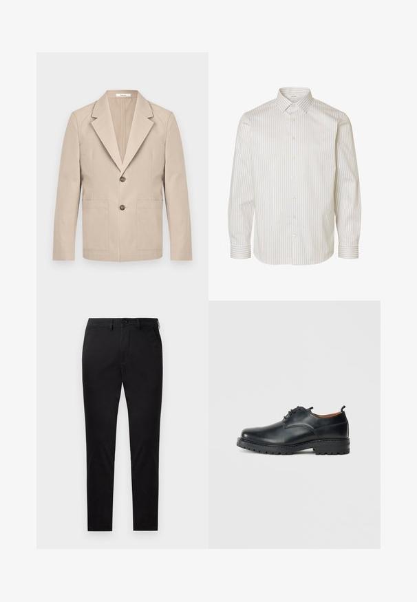 Beige blazer lavet af bomuld, med en nedskåret revers, to frontlommer og en enkelt knaplukning. Glat, struktureret stof.; Hvid skjorte med lange ærmer med beige lodrette striber, knapper foran, spids krave og manchetter med knapper.; Sorte slim-fit bukser med knap- og lynlåslukning, bæltestropper og uden synlige lommer, vist mod en hvid baggrund.; Sorte læder derby-sko med en glat overflade, rund tå, snøre-design og en tyk, robust gummisål.