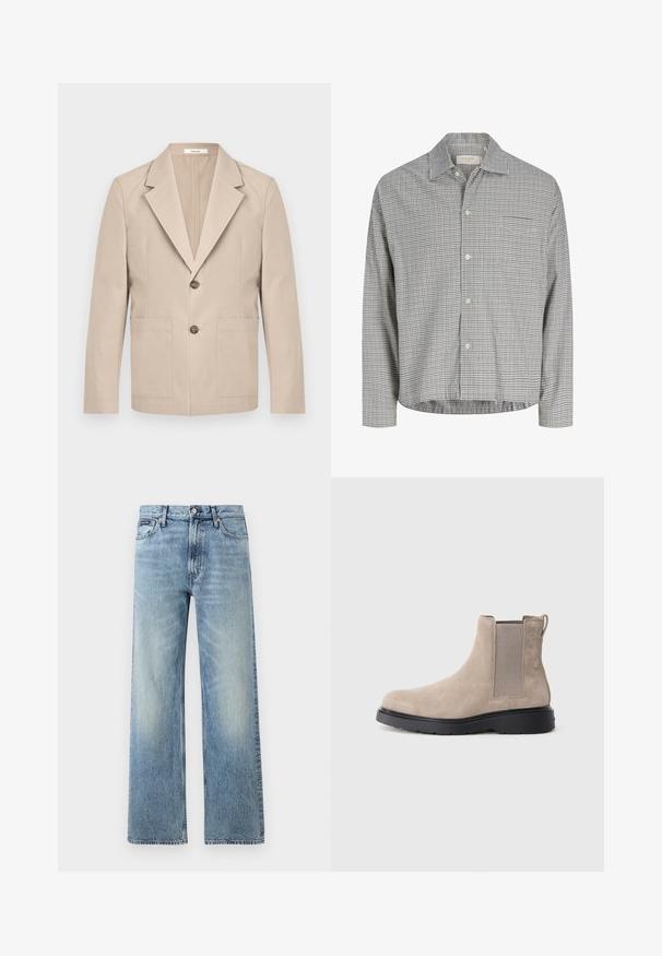 Beige Blazer aus Baumwolle mit Reverskragen, zwei Fronttaschen und einem einzigen Knopfverschluss. Glatter, strukturierter Stoff.; Weißes langärmeliges Hemd mit schwarzem Gittermuster und spitzem Kragen, flach auf hellem Hintergrund liegend.; Hellblaue Jeans mit geradem Bein, hohem Bund, fünf Taschen, Knopfverschluss und dezentem Verblassen an Oberschenkeln und Knien.; Beige Wildleder Chelsea-Stiefel mit elastischen Seitenpaneelen, einer Zuglasche und einer schwarzen Gummisohle. Schlankes, rundes Toe-Design.
