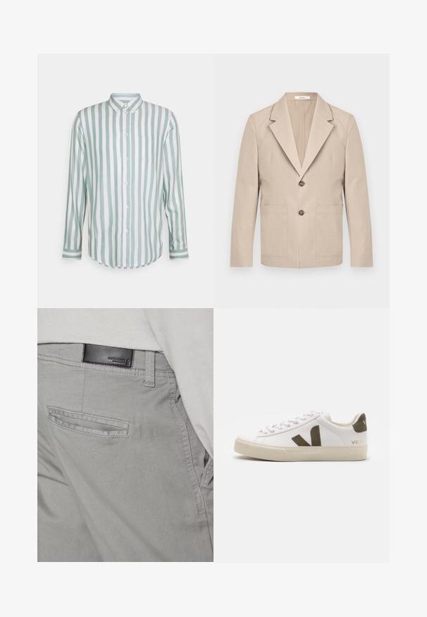 Blazer beige en coton, avec revers cranté, deux poches avant et une fermeture à un bouton. Tissu lisse et structuré.; Chemise en coton à manches longues avec des rayures verticales vert menthe et blanches, fermeture à boutons, col, poche poitrine simple et ourlet incurvé.; Pantalons gris avec une texture lisse, comportant une poche arrière avec une ouverture horizontale et une petite étiquette en cuir noir près de la taille.; Baskets en cuir blanc avec une semelle en caoutchouc beige clair. Présentent un logo en V en daim marron et une languette de talon. Fermeture à lacets avec une surface texturée.