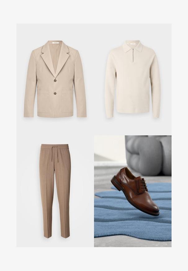 Blazer beige en coton, avec revers cranté, deux poches avant et une fermeture à un bouton. Tissu lisse et structuré.; Pull beige à manches longues avec un col et une courte fermeture éclair à l’avant, présenté sur un fond blanc.; Pantalons en tissu tissé brun, avec une coupe décontractée, taille à cordon de serrage et plis à l'avant. Jambes droites et sans poches ni éléments en métal visibles.; Chaussure habillée en cuir marron avec lacets posée sur un tapis bleu texturé, avec un canapé gris flou en arrière-plan.