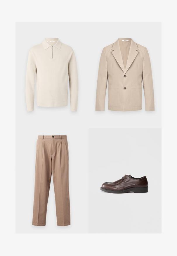 Beige blazer lavet af bomuld, med en nedskåret revers, to frontlommer og en enkelt knaplukning. Glat, struktureret stof.; Beige langærmet sweater med krave og en kort lynlås foran, vist på hvid baggrund.; Beige bukser lavet af bomuld, med en lige benlængde, front folder, knaplukning og sidelommer. Glat tekstur.; Brune lædersko med rund tå, minimal syning og en solid sort sål. Har snørelukning og en glat overflade.