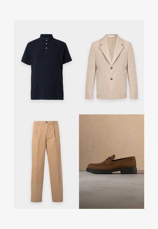 Beige blazer gemaakt van katoen, met een gesneden revers, twee frontzakken en één knoopsluiting. Glad, gestructureerd materiaal.; Marineblauwe polo met korte mouwen en een kraag, voorzien van drie witte knopen op de sluiting, weergegeven tegen een effen achtergrond.; Khaki broek met een rechte pijpdesign, gemaakt van katoen; heeft een enkele knoopsluiting en twee voorplooien.; Donkerbruine leren loafer met dikke zwarte rubberen zool, getoond boven een beige tapijt en bankachtergrond.