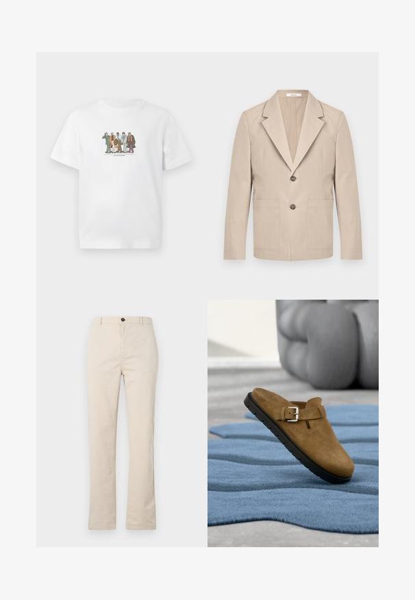 Beige blazer lavet af bomuld, med en nedskåret revers, to frontlommer og en enkelt knaplukning. Glat, struktureret stof.; Hvid T-shirt med illustration af fem forskellige mænd i jakkesæt, der går selvsikkert side om side, mens de holder på aktetasker og telefoner.; Lyse beige bomuldsbukser med lige ben-design, der har en frontknaplukning, lynlåslukning og minimale syninger.; Brun ruskinds slip-on sko med sort sål og sølvspænde, der ligger på tekstureret blåt tæppe indendørs.