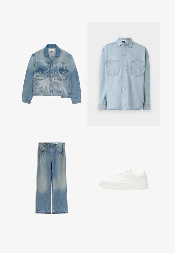 Veste en jean bleu clair avec fermeture à boutons, deux poches à rabat sur la poitrine et manches longues, avec des détails délavés et usés.; Chemise en denim bleu clair à manches longues, fermeture à boutons, deux poches poitrine et un col classique. Tissu texturé avec un ourlet droit.; Jean large en denim bleu clair avec un délavage, comportant deux poches avant, une fermeture par bouton et une coupe droite avec des ourlets nets.; Baskets blanches avec une tige en cuir lisse, des lacets plats et une semelle en caoutchouc épaisse. Le design minimaliste présente des coutures discrètes et des accents sans couture.