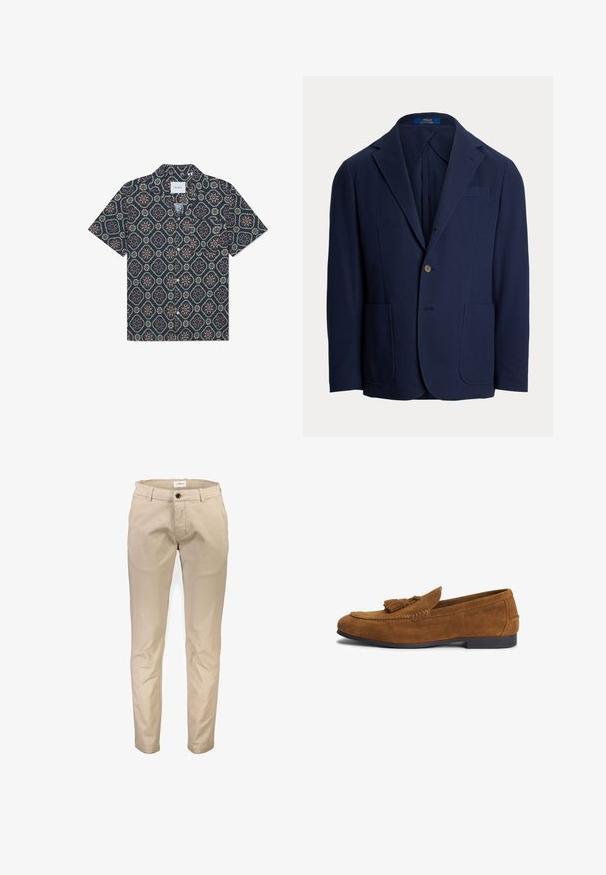 Marineblå blazer i et struktureret stof; har notch-lapel, to forlommer, en enkelt knaplukning og en brystlomme.; Kortærmet skjorte med en mørkeblå stof og et geometrisk blomstermønster i livlige farver, knaplukning foran og en afslappet krave.; Beige bomuldsbukser med lige ben, der har frontlommer, lynlås og en enkelt knaplukning. Glat tekstur, uden mønstre.; Brun herre loafer i ruskind med kvastdetalje og lav sort sål, siden præget med mærkets navn.