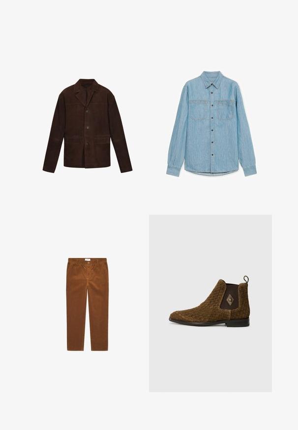 Mørkebrun ruskindsjakke med lange ærmer, tre knapper foran, en krave og to frontlommer med klap.; Lyseblå denim-skjorte med lange ærmer, foran knapper og to brystlommer på hvid baggrund.; Brune fløjl bukser med lige pasform, der har frontlommer, knaplukning og lodrette ribbede strukturer.; Brun vævet ankelstøvle med spids tå, elastiske sidepaneler og en løkke i bagenden. Har en diamantaccent på ydersiden.