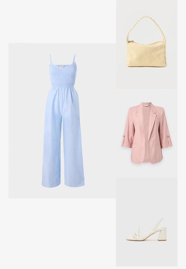 Lyserød damesblazer med trekvartlange ærmer, hakket reverskrave, åben front og knapdetaljer på ærmerne.; Lysblå jumpsuit lavet af blødt stof, med et smocked bodice, tynde stropper og vide ben for en løs pasform.; Hvide hælede sandaler har en firkantet tå, tynde stropper og en chunky blokhæl. Sålen er glat med en let struktur mod en ensfarvet baggrund.; Lille beige læderhåndtaske med en enkelt rem og sølvnitter langs kanterne og remmen, sat mod en ensfarvet baggrund.