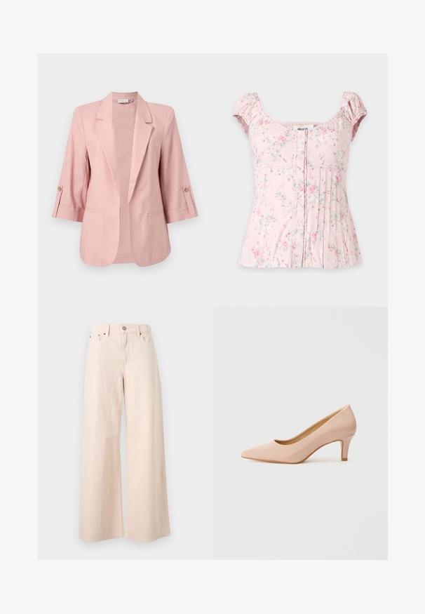 Lichtroze damesblazer met driekwartmouwen, kraag met inkeping, open voorkant en met knopen verstelbare manchetten.; Lichtroze bloemenblouse met korte mouwen, knopen aan de voorkant, vierkante halslijn, gerimpelde mouwen en geplooide details aan de voorkant.; Hoge taille lichtroze wijde broekspijpen spijkerbroek met knopen en rits aan de voorkant, riemlussen en klassiek ontwerp met vijf zakken.; Puntige, gepatenteerde roze hoge hak met een lage hak, met een gladde, glanzende afwerking en een subtiele open V-vormige snit aan de voorkant.
