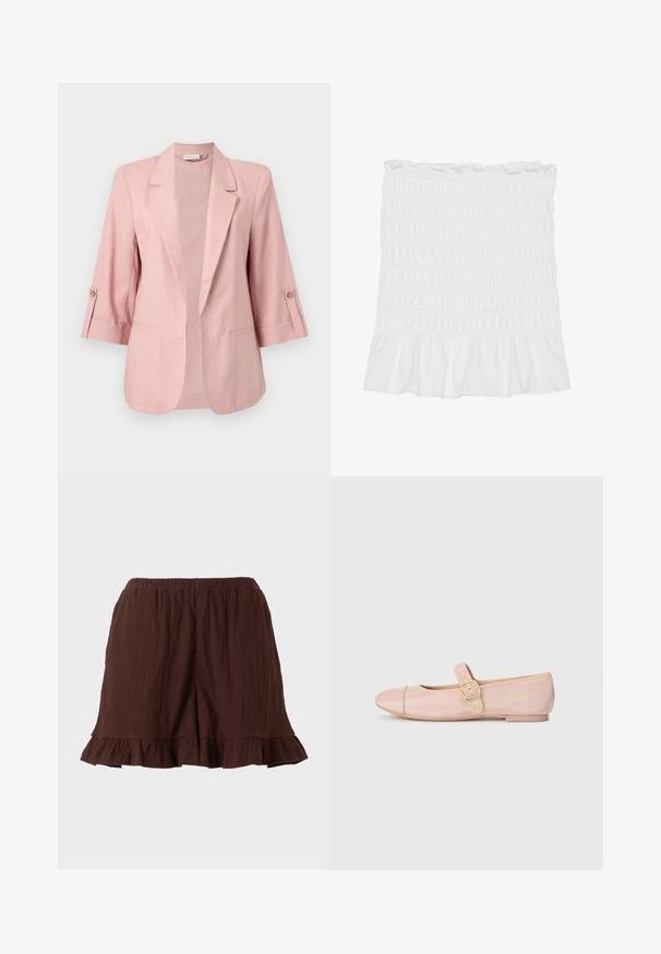 Veste pour femmes rose pâle avec manches trois-quarts, col à revers cranté, devant ouvert et pattes boutonnées aux manches.; Jupe blanche en tissu smocké avec un ourlet volanté et une taille élastique, présentant une surface texturée et un design fluide.; Shorts en tissu brun texturé avec ceinture élastique et ourlets volantés sur un fond uni clair.; Chaussure ballerine rose avec un bout rond, texture nervurée verticale, sangle latérale et détail de boucle, présentant un petit talon et une semelle lisse.