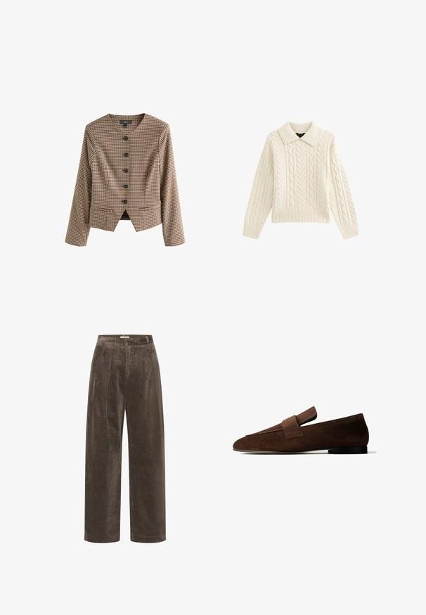 Brunternet jakke med mandarin-krave, seks sorte knapper, lange ærmer og to forlommer. Designet med skræddersyet pasform og strukturerede sømme.; Cable-knit trøje i creme, med krave, ribbet kant og lange ærmer med teksturerede mønstre. Blødt, strikket stof.; Brune corduroy brede benbukser med folder, der har en blød tekstur og en mellemhøj talje. Kantafslutningerne er rene og lige.; Brun ruskind loafer med en lav sort hæl og en bred rem over toppen, vist på en hvid baggrund.