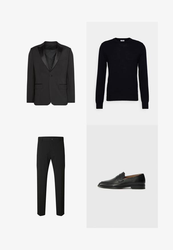 Schwarze Ein-Knopf-Smokingjacke mit Satin-Spitzenrevers und vorderen Klappentaschen, dargestellt auf weißem Hintergrund.; Schwarzer Langarmpullover aus weichem Strickmaterial. Rundhalsausschnitt, gerippte Bündchen und Saum. Minimalistisches Design ohne sichtbare Muster oder Knöpfe.; Schwarze Slim-Fit-Hose mit Knopf- und Reißverschluss, Gürtelschlaufen und geraden Beinen auf weißem Hintergrund.; Schwarze Leder-Slipper mit runder Zehenform, dezenten gestickten Details und niedrigem Absatz, ausgestattet mit glatter Textur und minimalistischem Design.