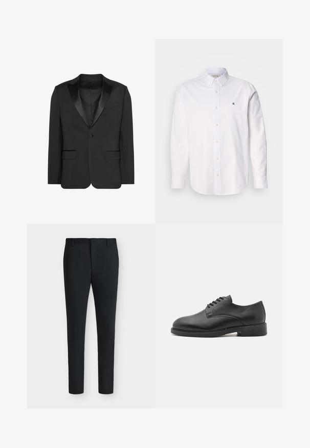 Schwarze Ein-Knopf-Smokingjacke mit Satin-Spitzenrevers und vorderen Klappentaschen, dargestellt auf weißem Hintergrund.; Weißes Baumwollhemd mit klassischem Kragen, langen Ärmeln und kleinem CK-Logo auf der linken Brust. Glatte Textur.; Schwarze, schmal geschnittene Anzughose mit Gürtelschlaufen, Frontreißverschluss und ohne sichtbare Taschen, vor einem schlichten weißen Hintergrund präsentiert.; Schwarze Leder-Oxfordschuhe mit runder Zehenform, glatter Oberfläche, fünf Ösen für die Schnürung und niedrigem, gestapeltem Absatz.