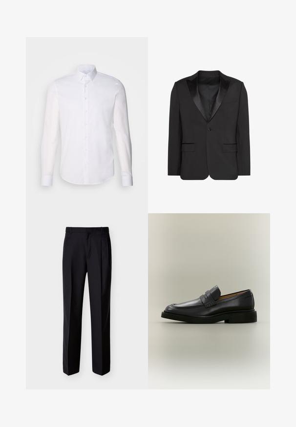 Sort smokingjakke med enkelt knap, satin peak revers og forlommer med klap, vist på hvid baggrund.; Hvid langærmet button-up skjorte lavet af bomuld, med en klassisk krave, frontknapper og minimal syning detalje.; Sorte skræddersyede bukser med lige snit, foldet forstykke og sidelommer. Fremstillet af et glat, let stof med et ensartet mønster.; Sort læder herreloafer med lav hæl og en remdetalje over vristen, vist i profil på en neutral baggrund.