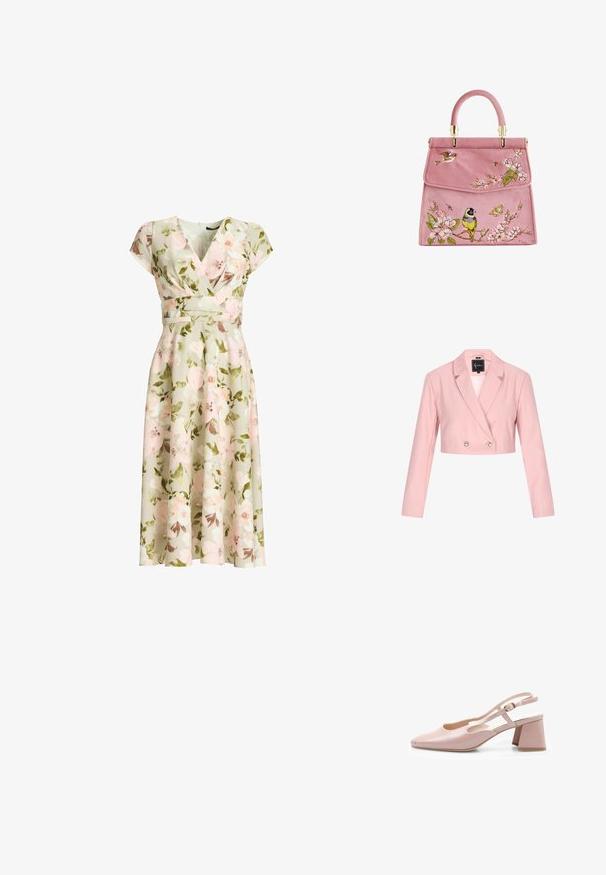 Blazer rosa recortado con mangas largas, solapa tipo muesca, frente de doble botonadura y acentos de botones brillantes. Hecho de tela suave.; Vestido cruzado verde con estampado floral, mangas tipo capa, cintura ajustada y falda midi en línea A con flores rosas y blancas y hojas verdes.; Zapato de charol rosa con talón abierto, punta cuadrada, correa ajustable y tacón cuadrado. Superficie suave y diseño minimalista.; Bolso de ante rosa con bordado floral, que presenta pájaros y mariposas. Herrajes en tono dorado y asa redondeada en la parte superior. Cierre elegante de solapa.