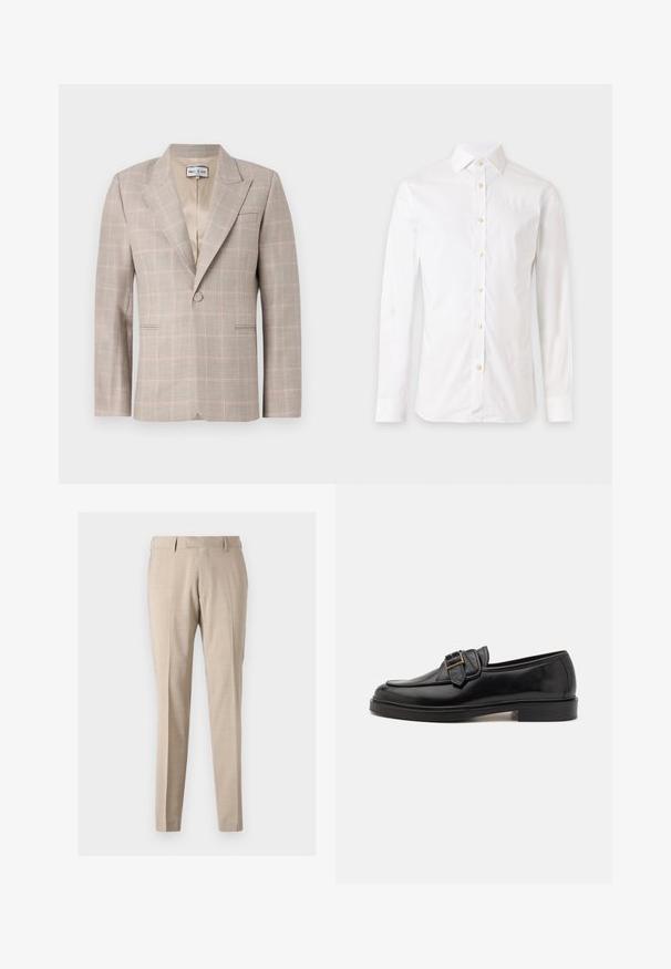 Lys beige blazer med et diskret plaidmønster i pink og grå. Den har klapkraver, to frontlommer og lukning med en enkelt knap.; Hvid langærmet skjorte med knapper og krave, vist på en ensfarvet lys baggrund.; Beige tapered bukser lavet af letvægtsstof, med forreste folder, to sidelommer og en glat tekstur.; Sorte læder loafers med rund tå og en dekorativ spændeaccent. Flad, solid hæl og glat tekstur hele vejen igennem.
