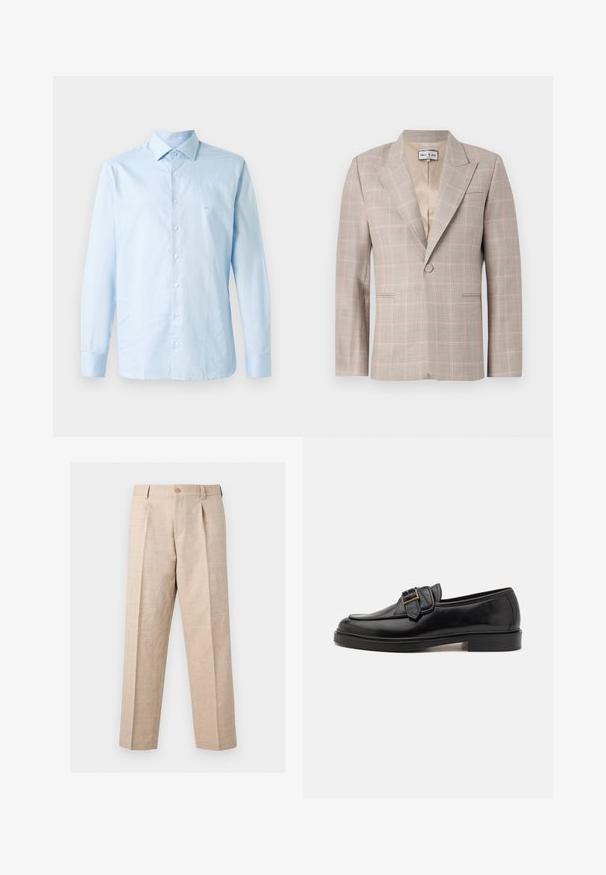 Blazer beige claro con un patrón de cuadros sutil en rosa y gris. Presenta solapas con muesca, dos bolsillos frontales y un cierre de un solo botón.; Camisa de manga larga azul claro hecha de algodón. Presenta un collar abotonado, una lista central de botones y un sutil acento de logo en el pecho.; Pantalones beige de pierna recta con pliegues, cierre de botón, trabillas para cinturón y un corte entallado.; Mocasines de cuero negro con punta redonda y un acento decorativo de hebilla. Tacón plano y sólido, con una textura suave en todo el zapato.