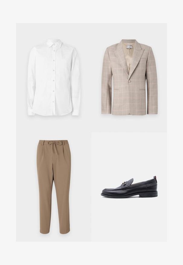 Blazer beige clair avec un motif à carreaux subtil en rose et gris. Dispose de revers crantés, de deux poches avant et d'une fermeture à un bouton.; Chemise blanche à manches longues avec boutons, fabriquée en coton. Comprend un col pointu et un petit logo brodé sur la poitrine. Texture lisse.; Pantalons beiges fuselés avec une taille à cordon de serrage, des poches latérales et une texture lisse. Aucun motif visible ni accent supplémentaire.; Mocassin en cuir noir avec empeigne texturée grise, détail boucle en métal argenté, petit talon et languette à l'arrière.
