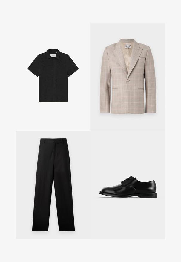 Lys beige blazer med et diskret plaidmønster i pink og grå. Den har klapkraver, to frontlommer og lukning med en enkelt knap.; Kortærmet sort skjorte lavet af åndbart stof med indviklede udskæringsmønstre og en knappet front.; Sorte bukser lavet af bomuld med lige ben-design, der har en frontknaplukning og sidelommer. Glat tekstur, ingen mønstre.; Sort lædersko til mænd med snørebånd, glat finish og lav hæl, vist i sideprofil på en ensartet lys baggrund.