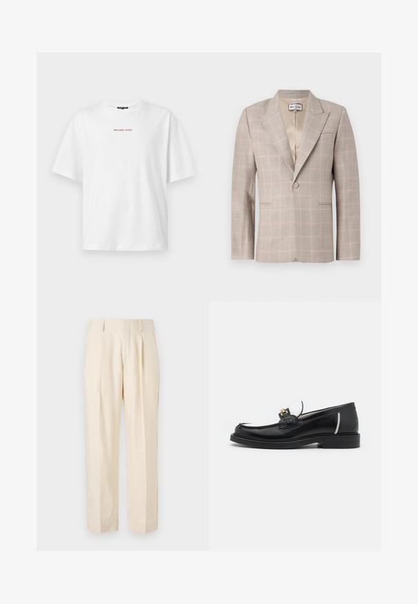 Harmaahtava beige blazer, jossa on hienovarainen ruudullinen kuvio vaaleanpunaisena ja harmaana. Varustettu lovilla varustetuilla kauluksilla, kahdella etutaskulla ja yhdellä napin suljennalla.; Valkoinen lyhythihainen t-paita pyöreällä pääntiellä, jossa pieni punainen "MICHAEL KORS" -teksti rinnan keskellä.; NN.07 KAY - Housut - off white; Musta nahkainen loaferi pyöreällä varvalla, valkoisilla yksityiskohdilla ja kultaisilla koristeilla vampissa. Siinä on teksturoitu läppä ja paksut korot.