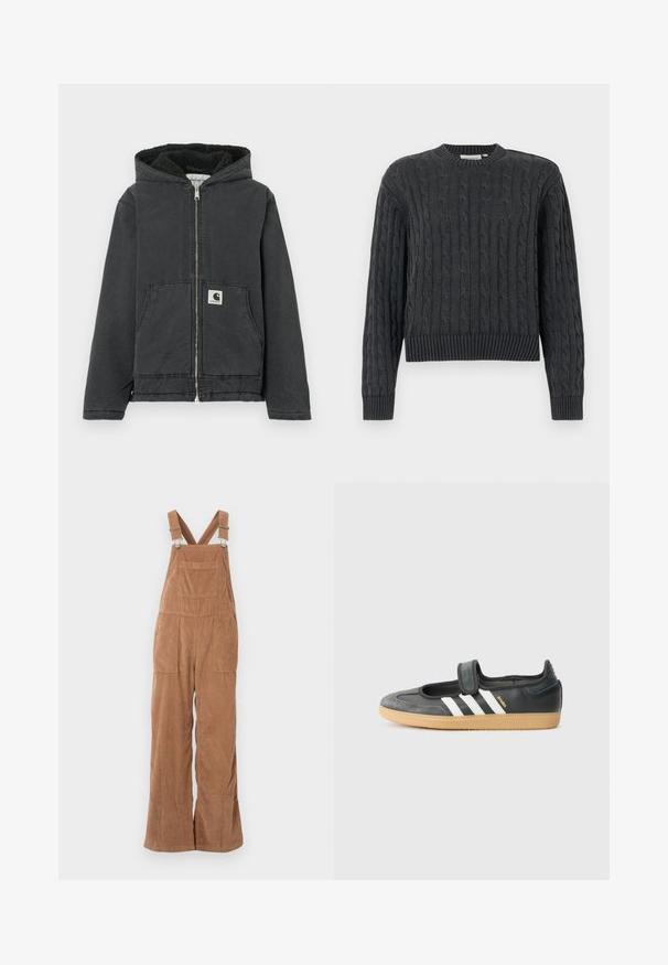 Chaqueta negra con capucha, cremallera frontal, forro polar, dos bolsillos delanteros y etiqueta con logo. Hecha de material duradero con un ajuste relajado.; Suéter gris oscuro de punto cable con mangas largas y puños, dobladillo y cuello redondo acanalados, exhibido sobre un fondo liso.; Pantalones de tirantes de pana marrón con piernas anchas, tirantes ajustables y bolsillo frontal. Textura suave con patrón de acanalado vertical.; Zapatilla de deporte de cuero negro y ante con una correa de Velcro, que presenta tres rayas blancas y una suela de goma, etiquetada "SAMBA" en el lateral.