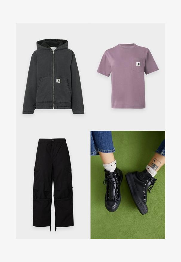 Zwarte capuchonjas met ritssluiting aan de voorkant, gevoerd met fleece, twee voorzakken en een logolabel. Gemaakt van duurzaam materiaal met een relaxte pasvorm.; Lila katoen t-shirt met een ronde hals, korte mouwen en een borstzakje aan de linkerkant met een logo-label. Zachte textuur, casual pasvorm.; Zwarte cargobroek met elastische tailleband, knoopsluiting, zijflappzakken en brede rechte pijpen met verstelbare zoom.; Zwarte hoge sneakers van glanzend materiaal met metalen oogjes, platte veters en gestructureerde zolen. Draagt met witte patroon sokken.