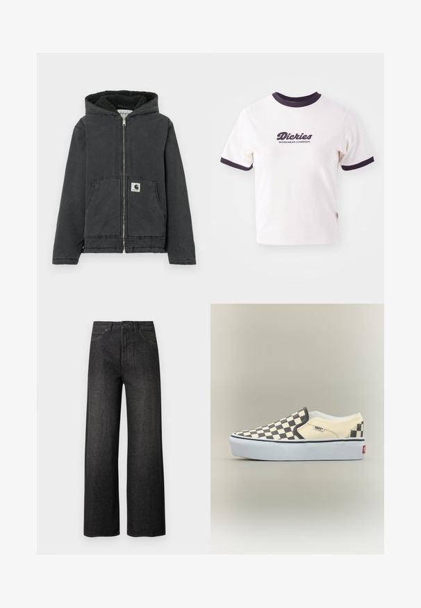Veste noire à capuche avec une fermeture éclair devant, une doublure en polaire, deux poches avant et une étiquette logo. Fabriquée dans un matériau durable avec une coupe décontractée.; T-shirt blanc avec col et manches en côte bleu marine foncé. Présente un grand logo graphique en texte bleu marine, "Dickies WORKWEAR COMPANY."; Jean noir taille haute à jambes larges avec poches avant, fermeture à boutons et passants pour ceinture sur un fond clair uni.; Baskets basses slip-on avec motif damier noir et beige, semelle blanche et logo Vans sur le côté et sur la languette du talon.