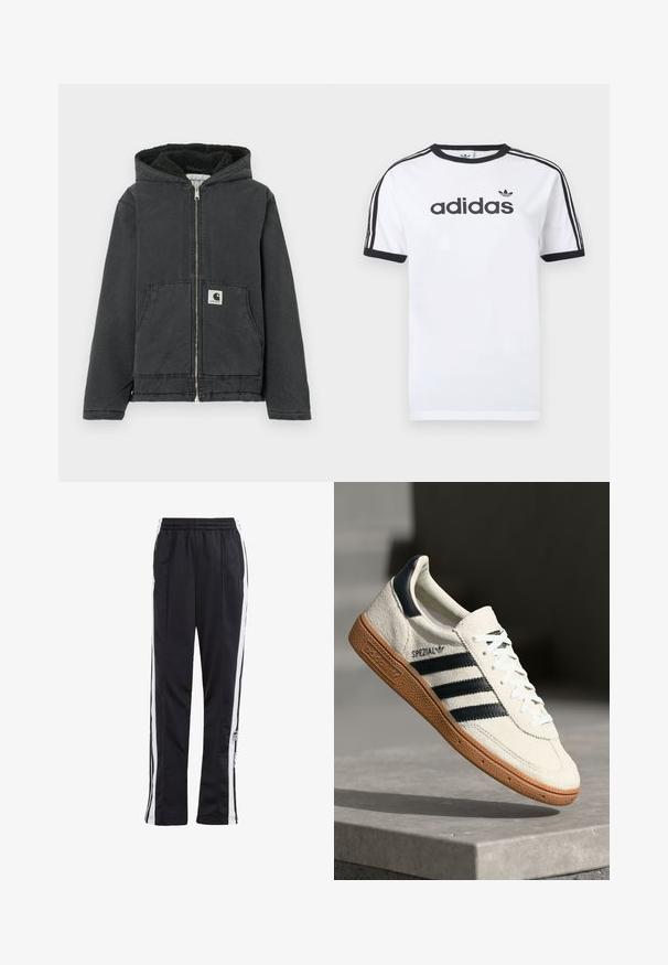 Schwarze Kapuzenjacke mit durchgehendem Reißverschluss, Fleecefutter, zwei Vordertaschen und einem Logofähnchen. Hergestellt aus strapazierfähigem Material mit lockerem Schnitt.; Weißes Baumwoll-T-Shirt mit schwarzen Akzenten, verfügt über einen Rundhalsausschnitt, kurze Ärmel, drei schwarze Streifen auf den Schultern und das "adidas"-Logo in Schwarz.; Schwarze Jogginghose mit weißen Seitenstreifen, elastischem Bund und einem Logo-Patch. Hergestellt aus glattem, leichtem Stoff. Gerades Bein-Design.; Weiße Wildleder-Sneaker mit marineblauen Streifen, Gummisohle, strukturiertem Obermaterial, runder Zehenform und Schnürung; mit Branding an der Seite und auf der Zunge.