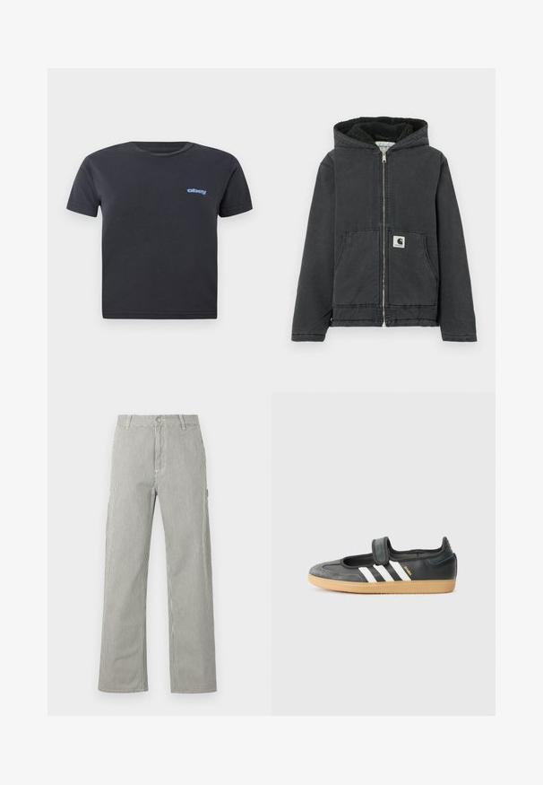 Sort hættetrøje med lynlås foran, fleeceforing, to forlommer og et logomærke. Fremstillet af holdbart materiale med en afslappet pasform.; Sort bomulds t-shirt med korte ærmer, rund hals, med et blåt "obey" logo på venstre bryst. Glat tekstur, almindelig pasform.; Herrebukser med lige ben, tynde lodrette sorte og hvide striber, knaplukning, bæltestropper og sidelommer.; Sort læder- og ruskinds sneakers med en Velcro-rem, der har tre hvide striber og en gummisål, mærket "SAMBA" på siden.