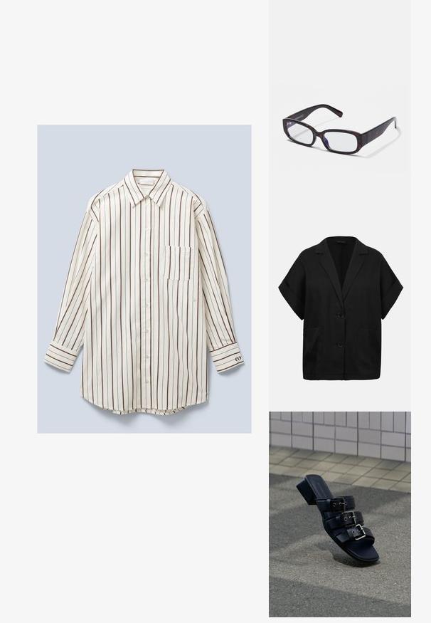 Blazer negro de manga corta con dos botones delanteros, solapas anchas, mangas con puños y dos bolsillos frontales.; Camisa de manga larga, con botones, hecha de tela ligera, con rayas verticales blancas y marrones, un bolsillo en el pecho y puños abotonados.; Sandalia mule negra de punta abierta con tres correas con hebillas y un tacón bajo tipo bloque colocada sobre una superficie de asfalto cerca de un pavimento de baldosas.; Gafas rectangulares de carey marrón con lentes transparentes y patillas elegantes, que muestran una textura suave y un diseño minimalista.