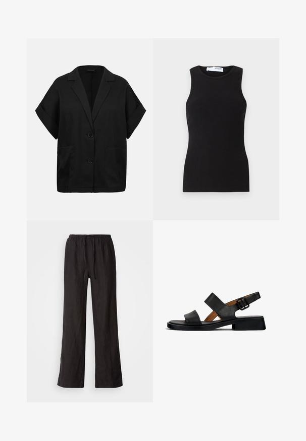 Blazer negro de manga corta con dos botones delanteros, solapas anchas, mangas con puños y dos bolsillos frontales.; Camiseta sin mangas negra de canalé con cuello redondo. Fabricada con un tejido elástico, tiene una forma ajustada y una textura suave.; Pantalones negros, holgados, con cintura elástica y cordón ajustable. Están hechos de una tela ligera con una textura suave y pierna recta.; Sandalia de cuero negro con dos correas horizontales y una correa en el tobillo con hebilla. Suela plana y texturizada con un ligero tacón y un acabado suave.