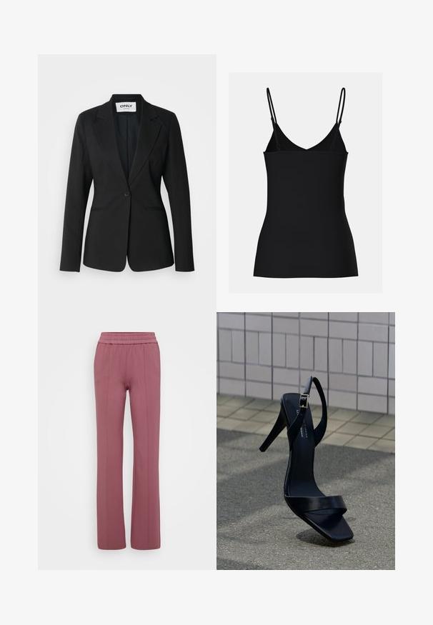 Sort tætsiddende blazer med enkeltknapslukning, slag med hak, to forlommer, glat stoftekstur og skræddersyet pasform uden pynteelementer.; Sort cami-top med tynde justerbare stropper, V-hals design, tætsiddende form og sømløs tekstur. Enkel og minimalistisk stil.; Lyse mauve lige bukser med elastisk talje. Fremstillet af blødt materiale og med lodrette syninger for et skræddersyet udseende.; Sort højhælet sandal med ankestrop og firkantet tå placeret på fortovet mod en baggrund af flisebelagt væg.