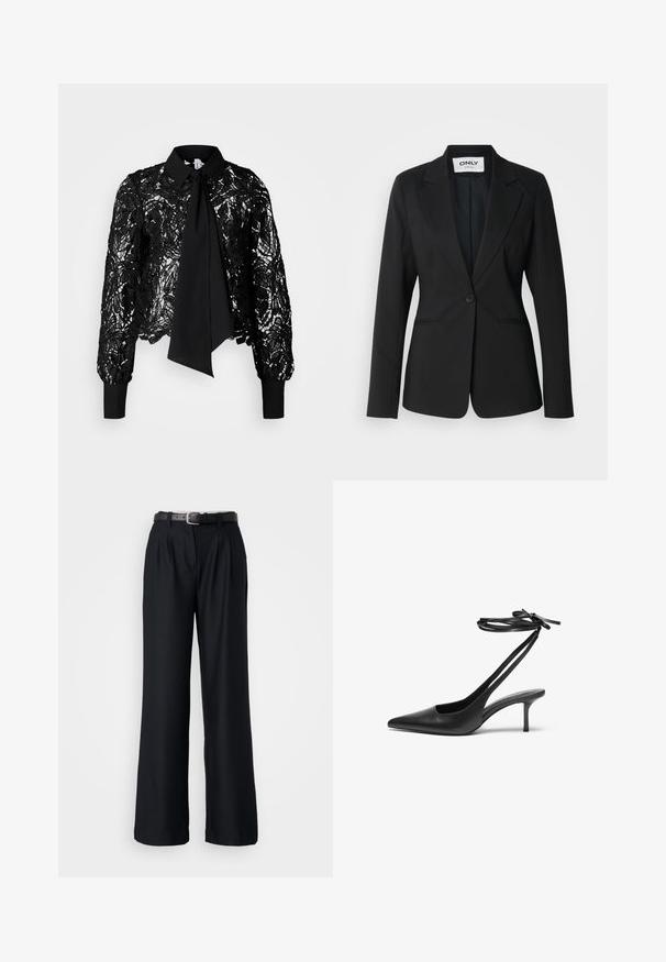 Blazer negro ajustado, cierre con un solo botón, solapas de muesca, dos bolsillos frontales, textura de tela lisa y forma entallada sin adornos.; Vero Moda Tall VMEDA SHORT BOW SHIRT - Blusa - black; Pantalones de pierna ancha negros, hechos de una tela suave, con pliegues frontales y un cinturón negro a juego con una hebilla plateada.; Zapato de charol negro con tacón de aguja y punta afilada, con la parte trasera abierta y correas en los tobillos atadas en forma de lazo. Tacón delgado de 3 pulgadas. Textura suave, diseño minimalista.