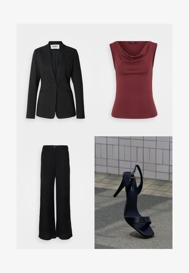 Schwarzer taillierter Blazer, Ein-Knopf-Verschluss, Revers mit Kerbkragen, zwei Vordertaschen, glatte Stoffstruktur und maßgeschneiderte Form ohne Verzierungen.; Bordeauxfarbener ärmelloser Oberteil mit einem drapierten Ausschnitt, enganliegender Form, aus weichem Material, mit glatter, gleichmäßiger Textur. Keine Muster oder Accents.; Schwarze, weite Hosen aus luftigem Material, mit glatter Textur, vorderem Knopfverschluss und Seitentaschen.; Schwarze Sandale mit hohem Absatz, Knöchelriemen und quadratischer Spitze, auf dem Pflaster vor einem gefliesten Wandhintergrund positioniert.