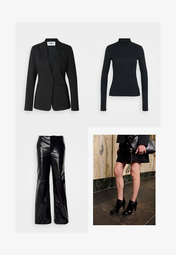 Zwarte aansluitende blazer met enkele knoopsluiting, gefacetteerde revers, twee voorzakken, gladde stoftextuur en een getailleerde vorm zonder versieringen.; Zwarte langemouwribbeltrui met col in een aansluitende silhouet op een effen lichte achtergrond.; Zwart brede broek van imitatieleren met een glanzende afwerking, voorzien van een rits aan de voorkant en riemlussen voor een verstelbare pasvorm.; Een vrouw draagt zwarte enkellaarzen en een zwarte rok, houdt een grote zwarte leren clutch vast, en staat op een donkere tegels vloer nabij een marmeren muur.