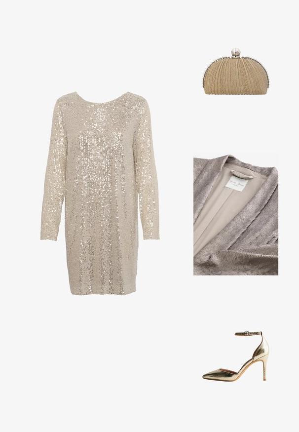 Next SEQUIN TALL - REGULAR FIT - Blazer - rose pink; Robe pailletée en beige clair avec des manches longues et un col rond, présentant un motif texturé de paillettes brillantes et réfléchissantes sur l'ensemble.; Escarpins à talon haut texturés en or avec un bout pointu et une bride de cheville. Ils présentent une doublure intérieure lisse et un talon aiguille élancé.; Pochette en tissu doré avec texture plissée, cadre argenté et grande fermeture à perle avec de petites perles bordant les bords.