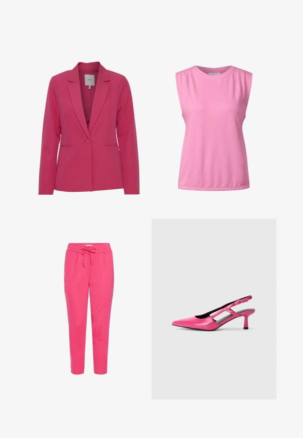 Blazer rosa con solapa muesca, cierre de un botón, dos bolsillos falsos y una tela suave y ligera. Adecuado para ocasiones formales.; Top sin mangas de color rosa, hecho de tejido suave, con sutiles pliegues en los hombros, un escote redondo y un dobladillo recto.; Pantalones de chándal de algodón rosa con cintura elástica, cordón ajustable y dos bolsillos frontales. Diseño de pierna tapered con una textura suave.; Zapato de tacón slingback de cuero rosa con punta afilada, detalles recortados y tacón bajo. Textura suave y cierre de hebilla ajustable.