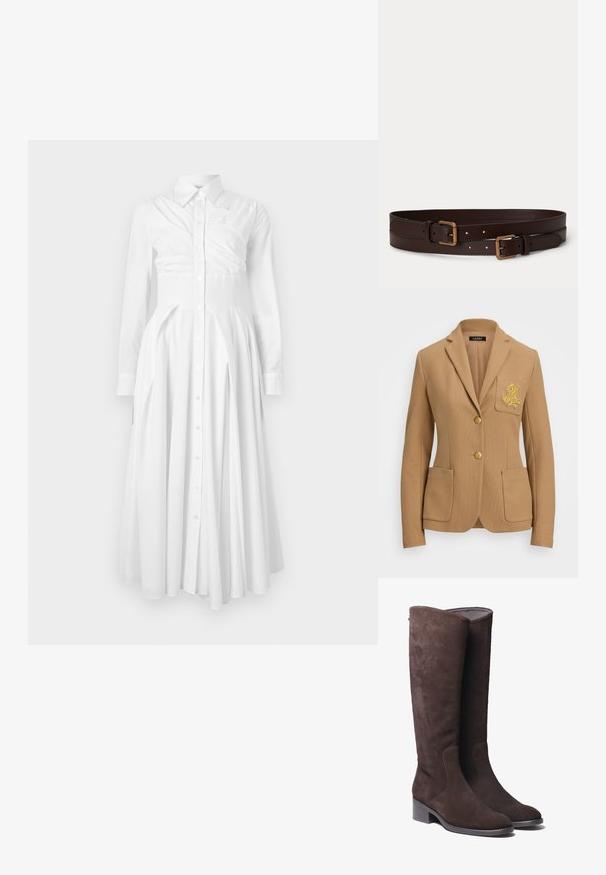 Blazer couleur camel en tissu texturé, avec des revers notched, deux boutons dorés et un logo brodé doré décoratif sur la poche de poitrine.; Robe chemise en coton blanche avec manches longues, devant boutonné, jupe plissée et taille cintrée. Présente un design structuré et une texture douce.; Bottes en daim marron jusqu'au genou avec un embout légèrement arrondi et un petit talon carré. Présente des détails de couture discrets sur les côtés.; Deux ceintures en cuir marron foncé avec des boucles rectangulaires dorées, posées côte à côte sur un fond clair uni.