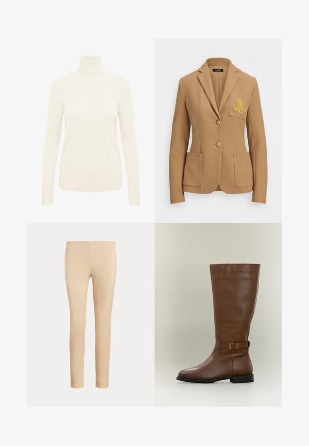 Blazer v camelovej farbe s textúrovanou látkou, s klopami, dvoma zlatými gombíkmi a dekoratívnym zlatým vyšitým logom na vrecku na hrudi.; Krémový rolák vyrobený z jemnej pleteniny. Má dlhé rukávy a rebrované manžety a lem.; Béžové slim fit nohavice do členkov s hladkým povrchom bez viditeľných vreciek alebo ozdôb na jednofarebnom pozadí.; Vysoká hnedá kožená čižma so sivým remienkom s prackou a nízkou čiernou podrážkou, fotografovaná na neutrálnom pozadí.