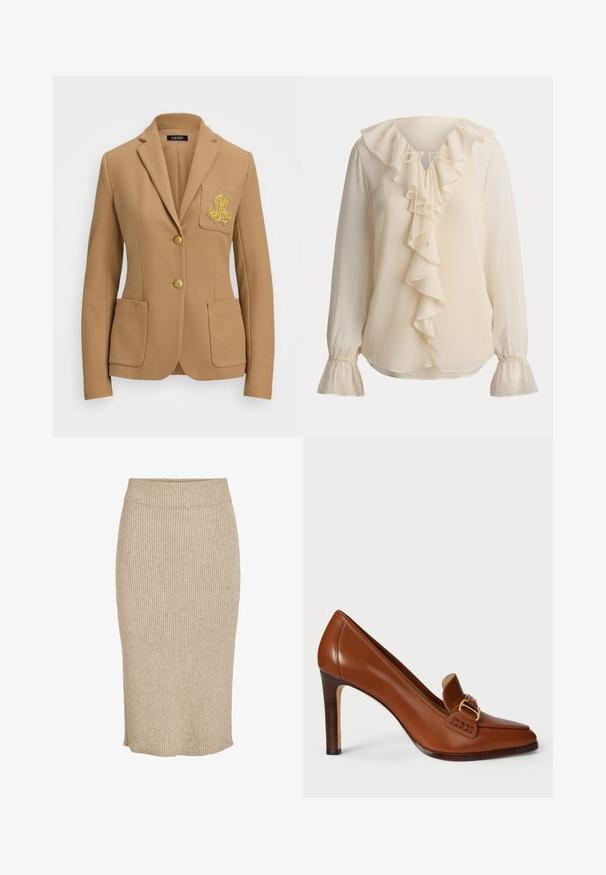 Kamelfarvet blazer med tekstureret stof, skrå lapeler, to guldknapper og et dekorativt guld broderet logo på brystlommen.; Flødefarvet bluse med lange ærmer, flæsekrave, faldende flæse foran, bindebånd ved halsen og rynkede klokkeærmer.; Strik nederdel i en lys beige farve med lodret ribbestruktur, knælang med elastisk talje og lige skæring.; Brun læder højhælede sko med spids tå, der har et dekorativt bånd og guldfarvet metaldele langs vamps. Glat tekstur.