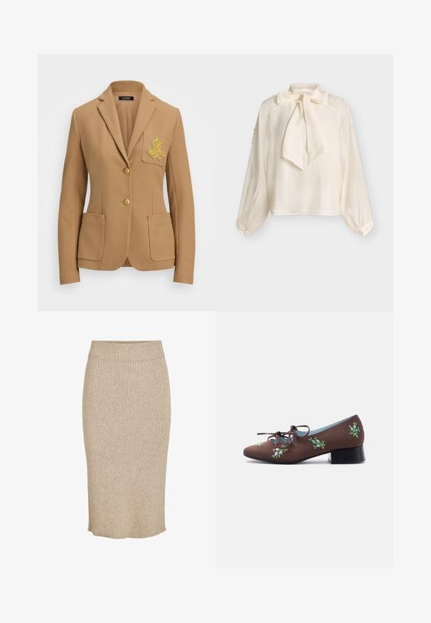 Blazer color camel con tejido texturizado, solapas de pico, dos botones dorados y un logo decorativo bordado en dorado en el bolsillo del pecho.; Blusa cremosa de manga larga con un lazo ancho en el cuello y puños con botones, exhibida sobre un fondo claro y liso.; Falda de punto en color beige claro con textura de canalé vertical, de longitud a la rodilla, con cintura elástica y corte recto.; Zapato marrón de cuero con tacón bajo, bordado floral y cordones en la parte delantera sobre un fondo blanco.
