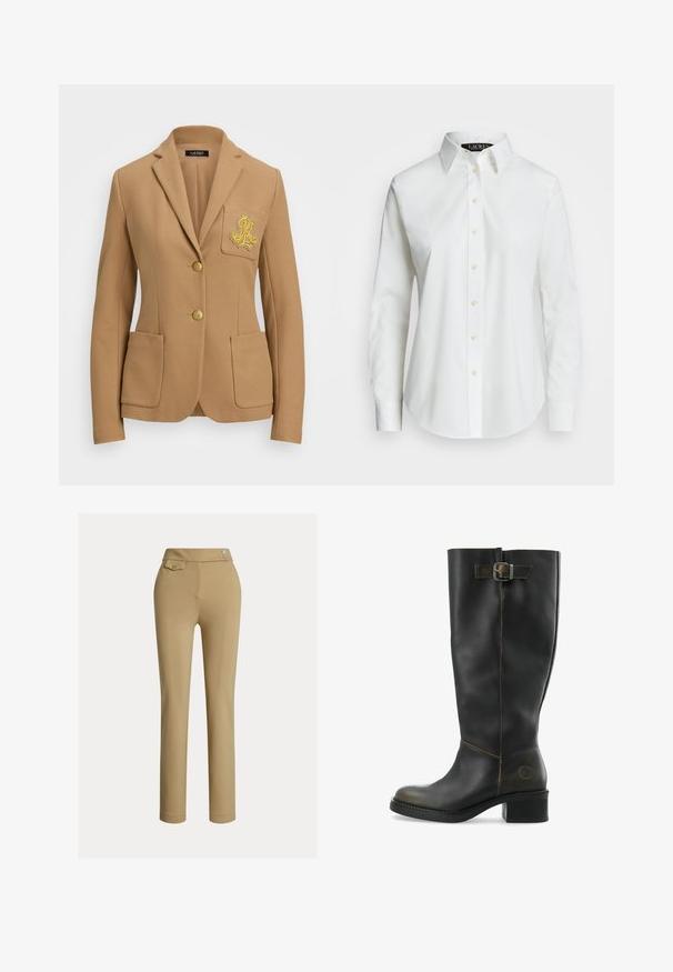 Blazer couleur camel en tissu texturé, avec des revers notched, deux boutons dorés et un logo brodé doré décoratif sur la poche de poitrine.; Chemise blanche à manches longues avec boutons en coton. Elle présente un col classique, sept boutons et un logo subtil brodé sur la poitrine.; Pantalons beiges ajustés avec une texture lisse, taille haute, deux boutons décoratifs et une poche arrière. Design à jambe droite.; Botte noire en cuir montant jusqu'au genou avec un talon large, dotée d'une boucle sur le côté et de coutures contrastantes le long des seams. Texture lisse.