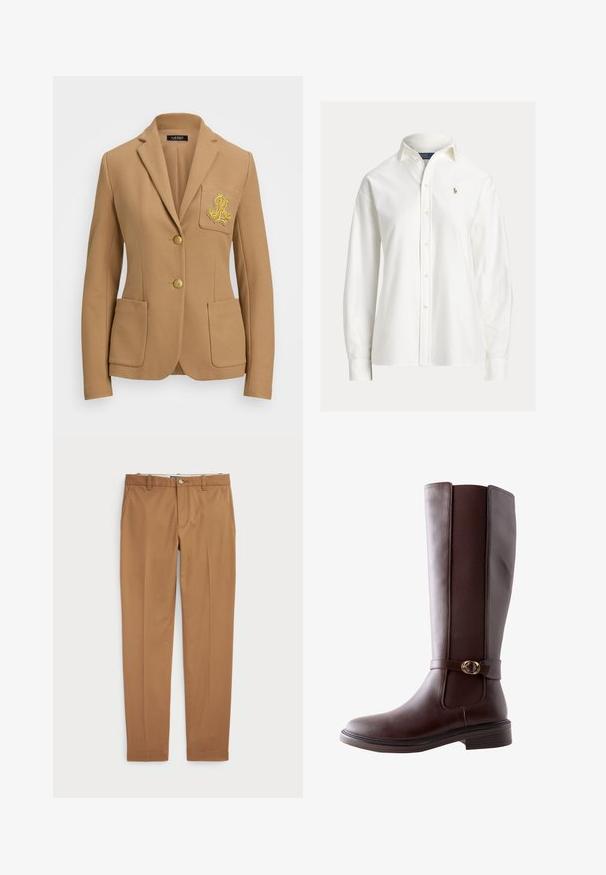 Blazer color camel con tejido texturizado, solapas de pico, dos botones dorados y un logo decorativo bordado en dorado en el bolsillo del pecho.; Camisa blanca de manga larga con botones, cuello y pequeño logo bordado en el pecho izquierdo.; Pantalones de algodón marrón con un diseño ajustado, parte delantera plana y bolsillos estándar; textura suave y puños dobladillos.; Next STANDARD FIT - FOREVER COMFORT ROUND BUCKLE DETAIL - Botas - new chocolate brown