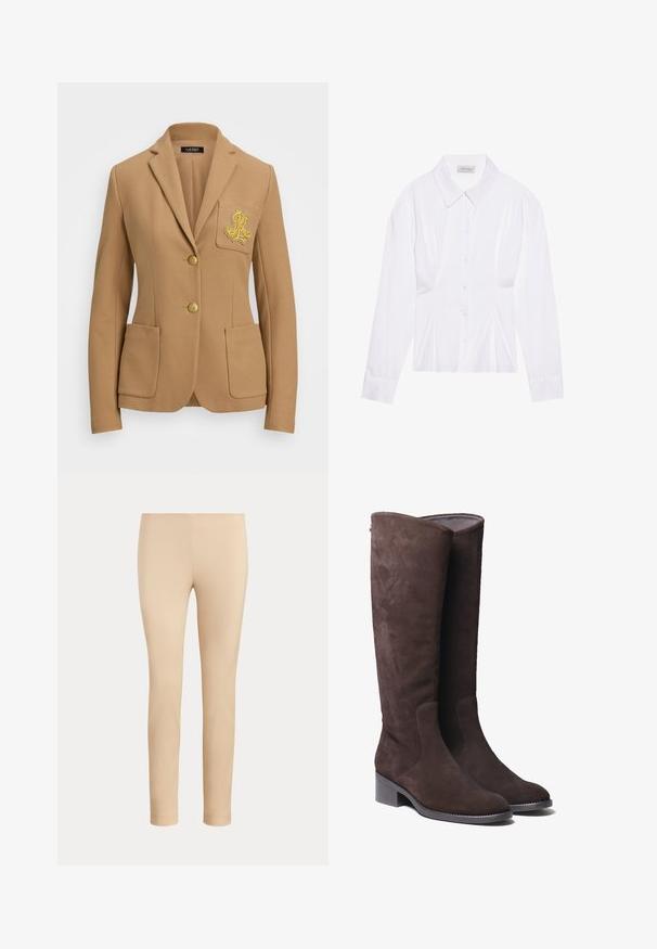 Kamelfarvet blazer med tekstureret stof, skrå lapeler, to guldknapper og et dekorativt guld broderet logo på brystlommen.; Hvid langærmet bluse med klassisk krave, knaplukning foran og samlede side detaljer. Glat stof med en skræddersyet form.; Beige slim-fit ankellange bukser med en glat finish og uden synlige lommer eller pynt på en ensfarvet baggrund.; Brune ruskind knæhøje støvler med en let afrundet tå og lav blokhæl. Har diskrete syningsdetaljer langs siderne.