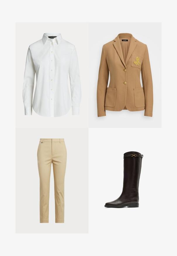 Kamelfarvet blazer med tekstureret stof, skrå lapeler, to guldknapper og et dekorativt guld broderet logo på brystlommen.; Hvid langærmet skjorte med knapper, klassisk krave og synlige knapper foran, vist på en ensfarvet baggrund.; Beige bukser med lige ben. Fremstillet af glat stof, med standard talje og diskrete sidesømme.; Høj, mørkebrun læder ridestøvle med lav hæl og en gylden dekorativ spænde nær den øverste kant.